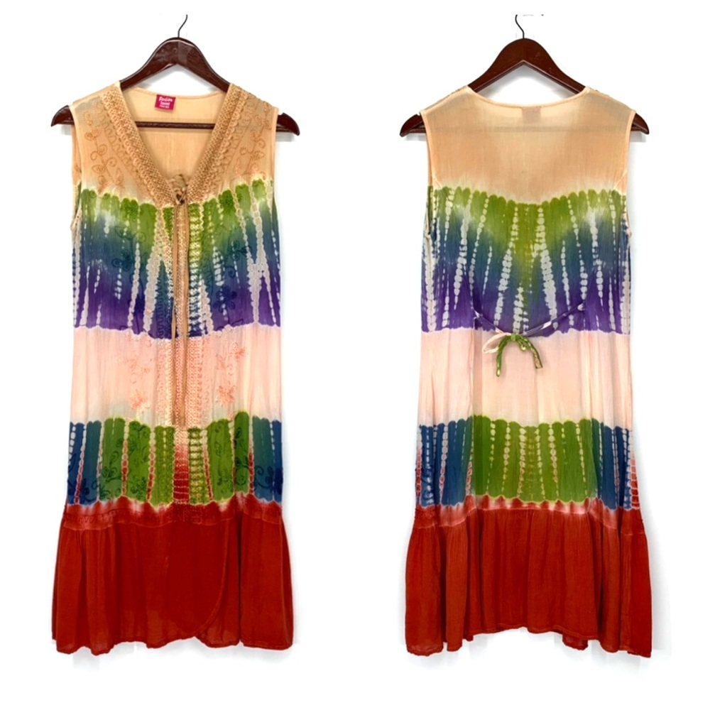 Vintage Boho Hippie Tie Dye Dress With Lace Up Bust & Tie Back Waist Detail